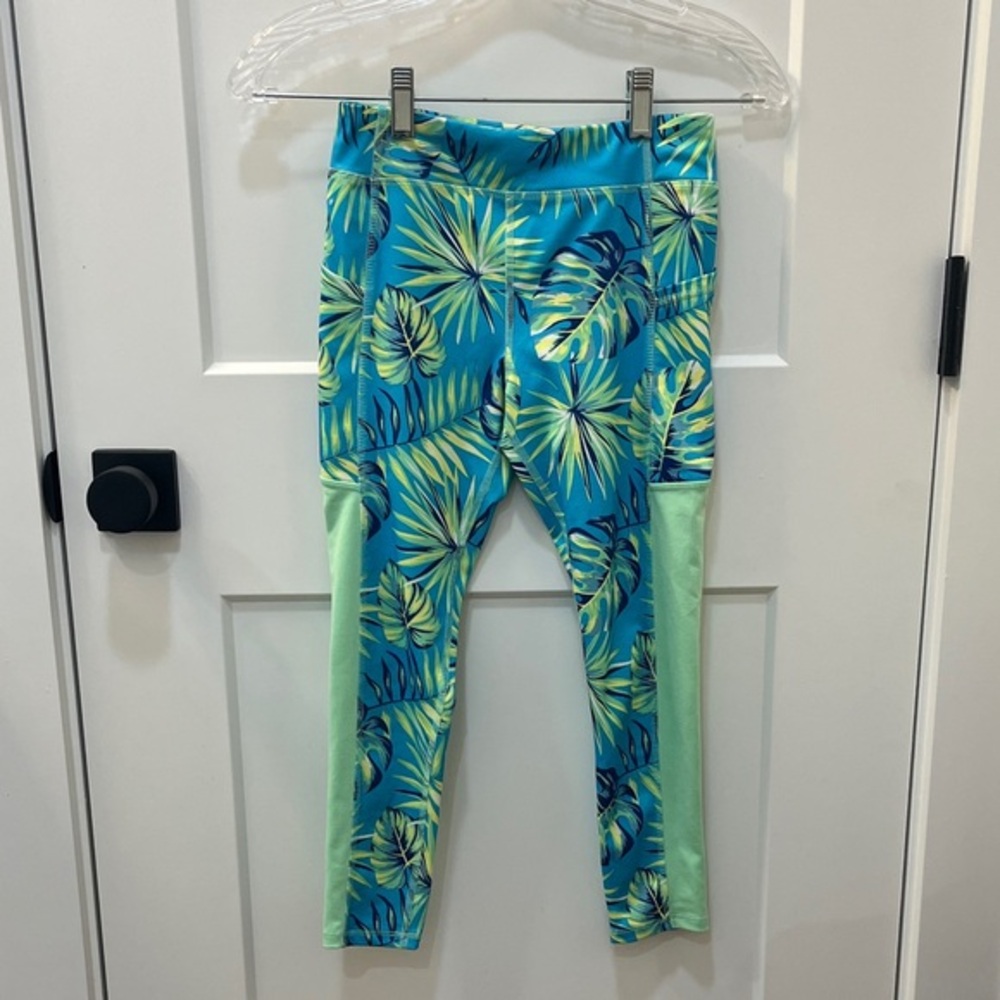 Athletic Works Yoga Teal Blue Tropical Workout Running Pants, Girls Size M (7-8)